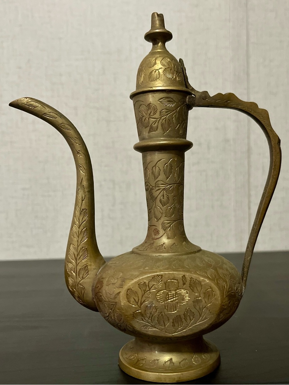 Vintage Sarna India Brass Etched Ewer Pitcher with Hinged Lid